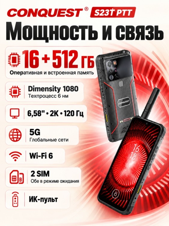 Смартфон Conquest S23T PTT (16+512GB)